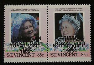 St vincent 1985 royal visit 85c pair mnh double opt error sg934a queen mum