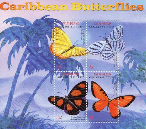 Palm island grenadines st vincent 2003 mnh caribbean butterflies 4v m/s mesene
