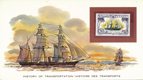 Grenadines of st. vincent 1982 old sail boat transport stamp on decorative card