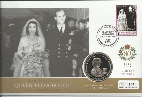 ST VINCENT QE11 2006 80th BIRTHDAY ROYAL WEDDING ONE CROWN COIN FDC MINT