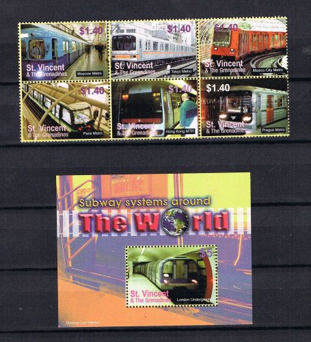 St vincent 2009 set + sheet underground/trains mnh