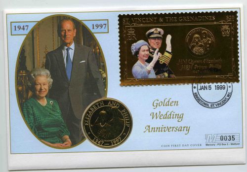 St. vincent 1997 qeii golden wedding mercury pnc 5 crowns coin fdc no 0035 [b362