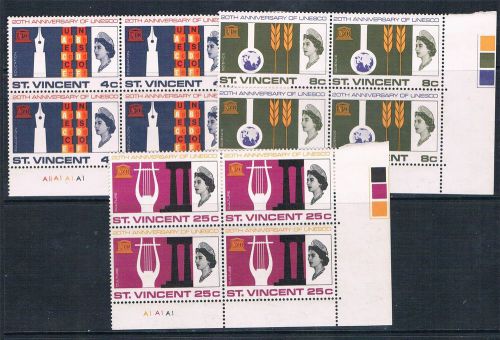 St vincent 1966/7 unesco plate blocks sg 254/6 mnh