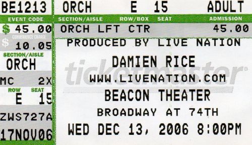 Damien Rice Ticket Stub NEW YORK CITY Beacon Theater 2006 RARE w/ Lisa Hannigan