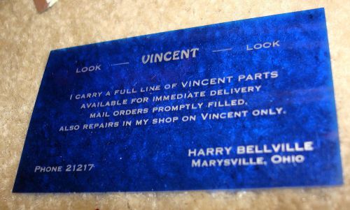 Vincent motorcycle dealer &#034;harry bellville&#034;  blue business card