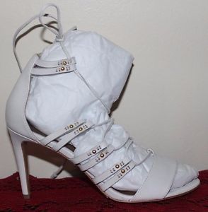 Cynthia Vincent 6 White Leather Strappy Lace Up Sandal Heel Chic Designer Sample