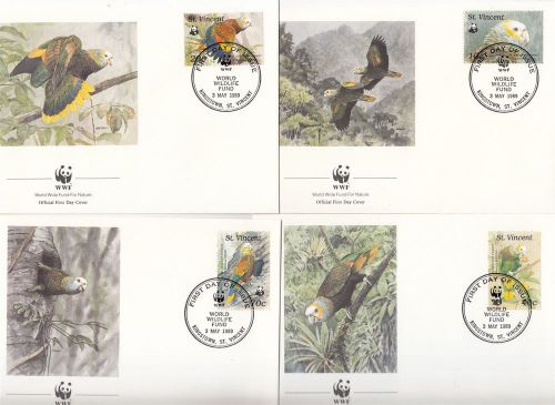 Birds parrots st. vincent wwf 4 fdc&#039;s 1989