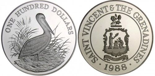 St vincent &amp; grenadines $100 silver 129.6 grams 1988 pelican