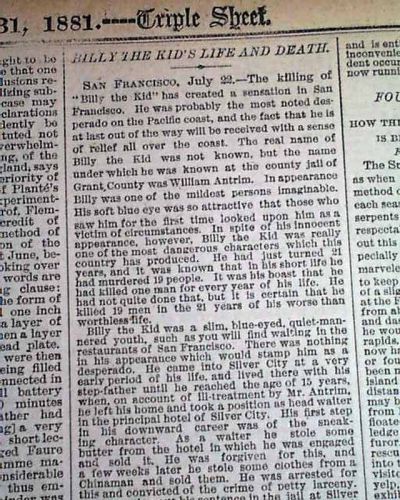 Best BILLY THE KID Outlaw Desperado Biography Killings &amp; Death in 1881 Newspaper