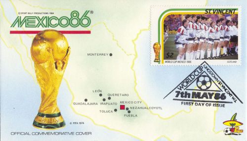 Official commemorative cover mexico 86 fdi kingston st.vincent postmark 1986