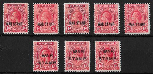 St vincent george v war stamps c1916. various shades &amp; overprints.