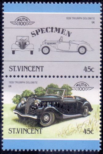 St.vincent specimen stamp pair classic car 1939 trumph dolomite uk mnh.