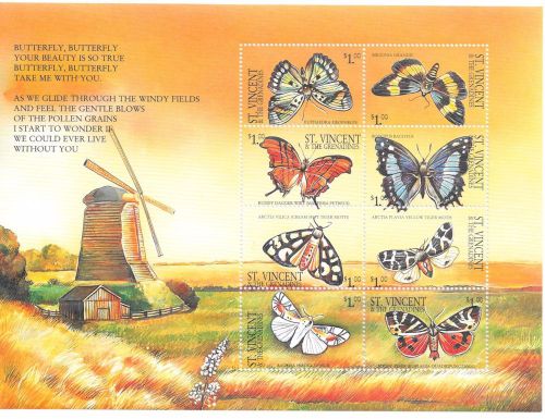 St. vincent - butterflies, 2001 - sc 2923 sheetlet of 8 mnh