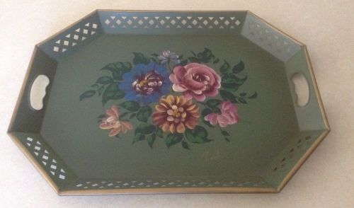 Large Vintage 20&#034; Handpainted Signed VIncent Floral Tole Tray