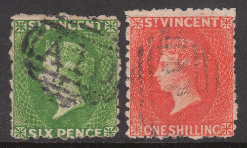 St vincent 1880 #30 bright green #31 vermillion used victoria stamps w2 sideward