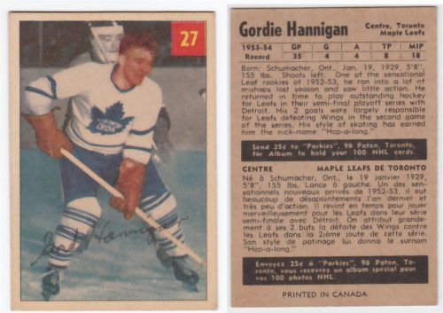 1954/55 parkhurst gordie hannigan card #27 toronto maple leafs