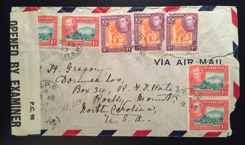 ST VINCENT 1943. Censored airmail cover til USA