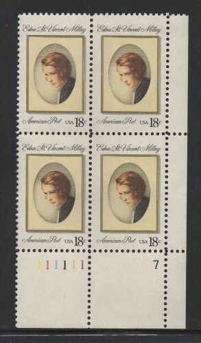 ALLY&#039;S STAMPS US Plate Block Scott #1926 18c Edna St. Vincent Millay [4] MNH