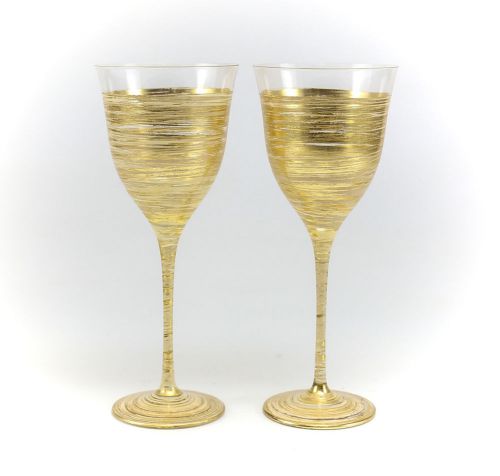 2pc. Italian Sorella Home Vento Glass Wine Goblets; Gold. Original Labels