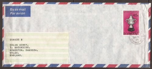 ST VINCENT. 1976. LONG AIR MAIL COVER. 45c CRICKET CUP