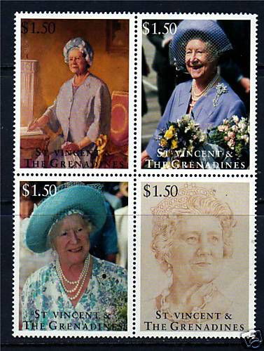 St vincent 1995 queen mother 95th b/day 4v block sg 2927/30 mnh