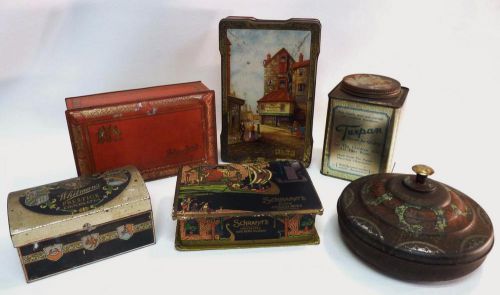 VINTAGE CANDY TIN ADVERTISING CONTAINER LOT WHITMAN HARRY VINCENT TUXPAN ANTIQUE