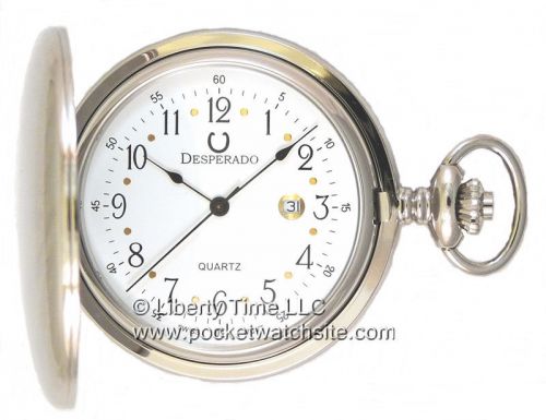Desperado &#034;Roosevelt&#034; Swiss Made Quartz Chrome Plated Pocket Watch &amp; Chain 739W
