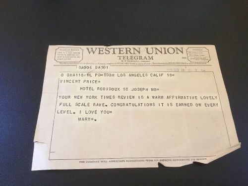 Telegraph to vincent price from the vincent price estate