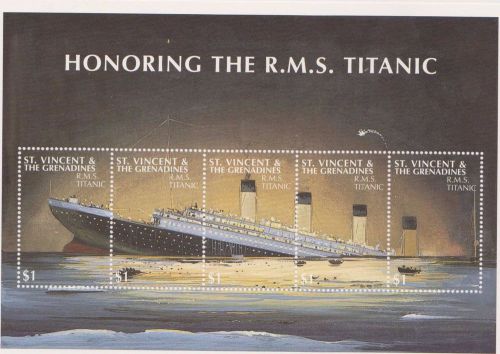 R.m.s.titanic st. vincent &amp; the grenadines 1 dollar stamps w/cert of auth.