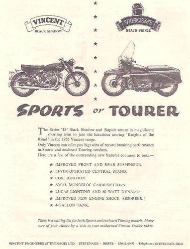 Vincent black shadow 1955 original motorcycle advert bsa norton triumph