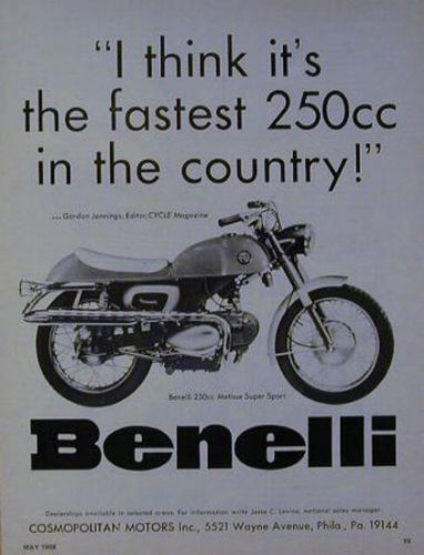 Benelli 250 metisse super sport motorcycle  ad 1968